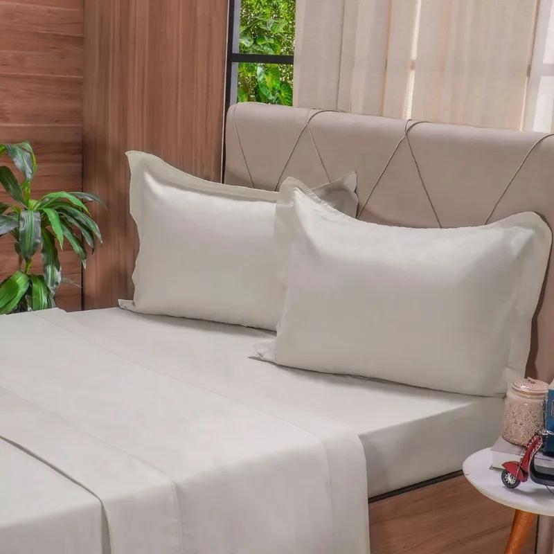 Jogo De Cama Solteiro 200 Fios Liso 3 Pçs 100% Algodão 90x190x35cm Amendoa