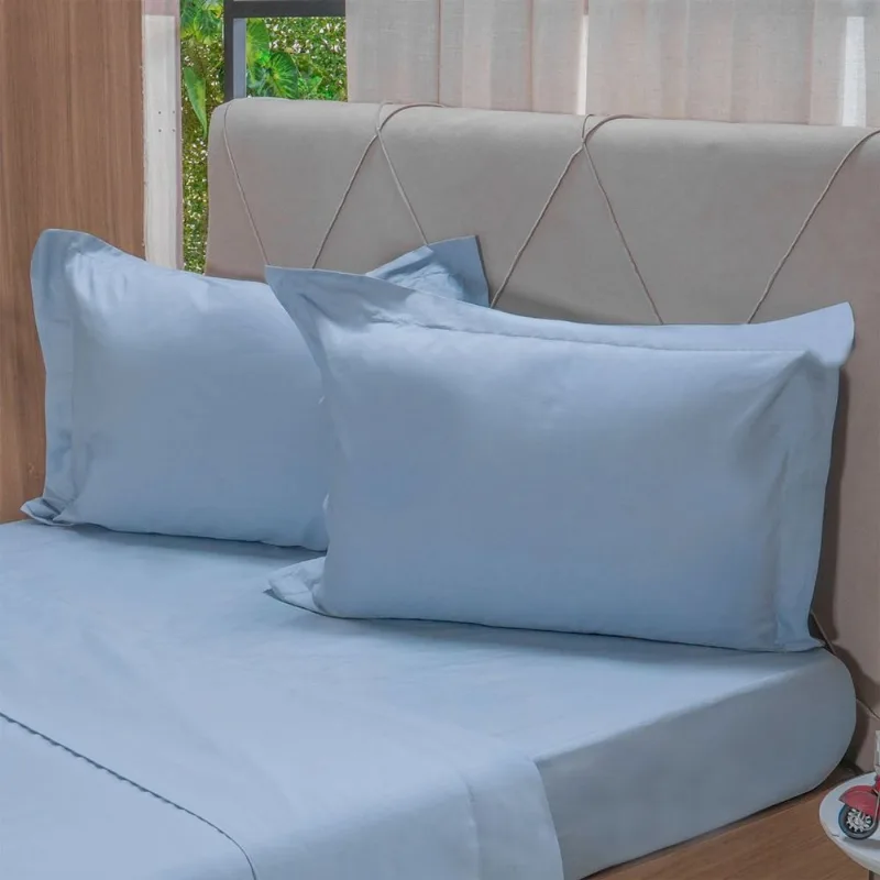 Jogo De Cama Solteiro 200 Fios Liso 3 Pçs 100% Algodão 90x190x35cm Bruma Azul