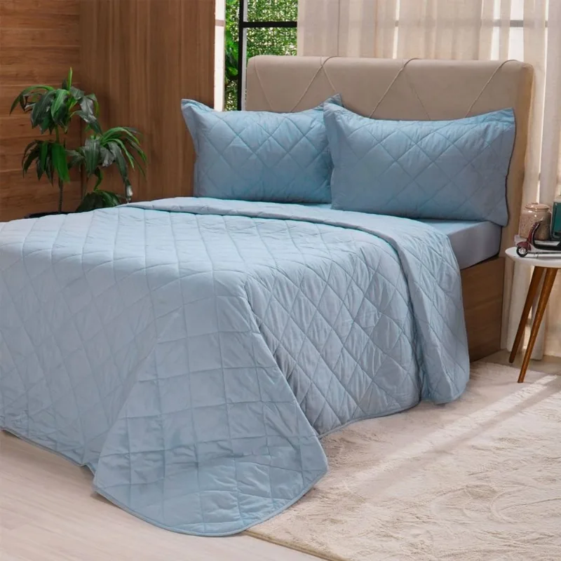 Kit Colcha Casal 200 Fios Lisa 100% Algodão 220x240cm Bruma Azul