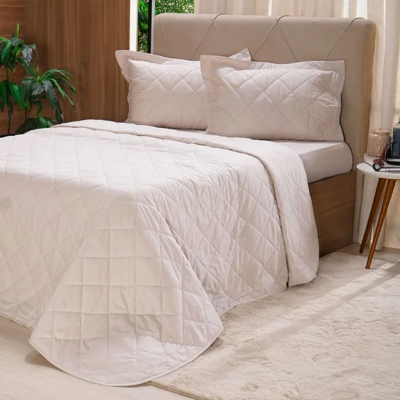 Kit Colcha Queen 200 Fios Lisa 100% Algodão 240x260cm Amendoa