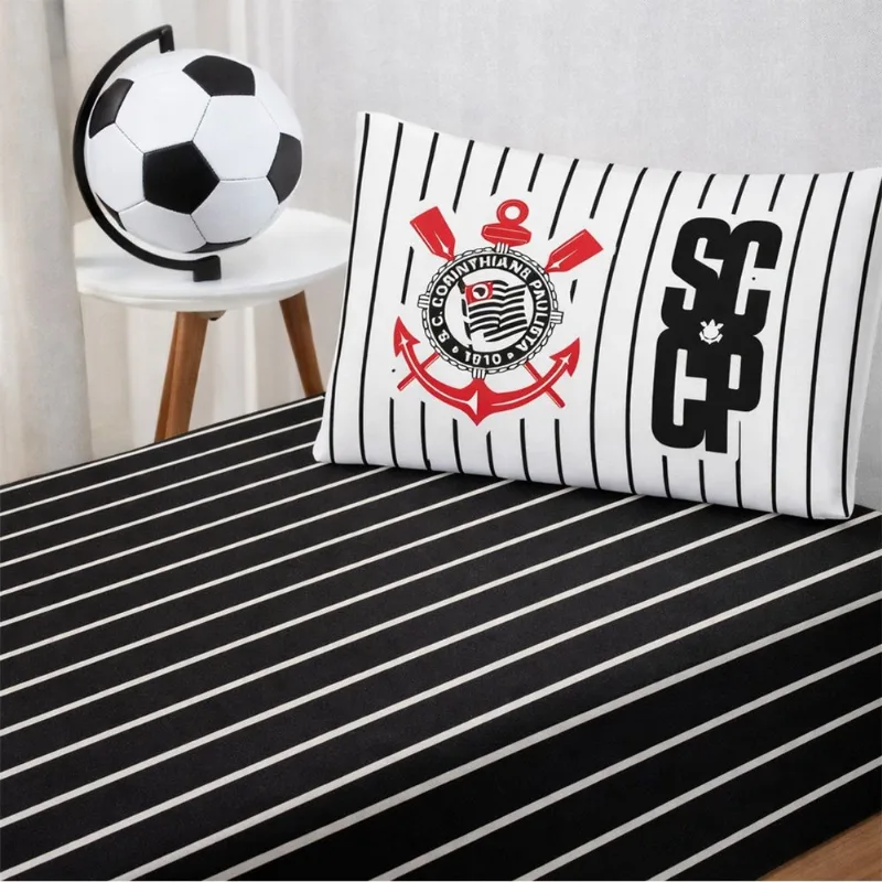 Jogo de Lençol KazzaVip Solteiro Malha 100% Algodão Licenciado Clube Corinthians 2 Peças Preto