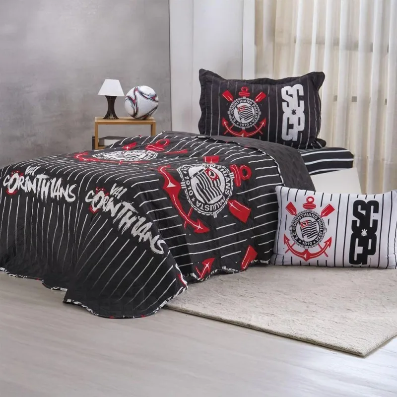 Kit Colcha Solteiro Times de Futebol 160x220cm 100% Poliéster Corinthians Bene Casa - Bene Casa