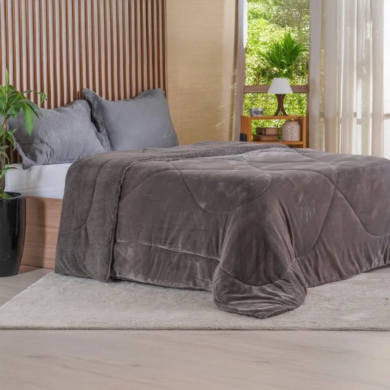 Edredom Sherpa King Dupla Face 100% Poliéster 240x260cm Bene Casa Cinza Terra