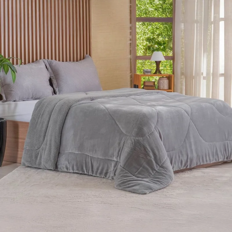 Edredom Sherpa King Dupla Face 100% Poliéster 240x260cm Bene Casa Cimento Leve