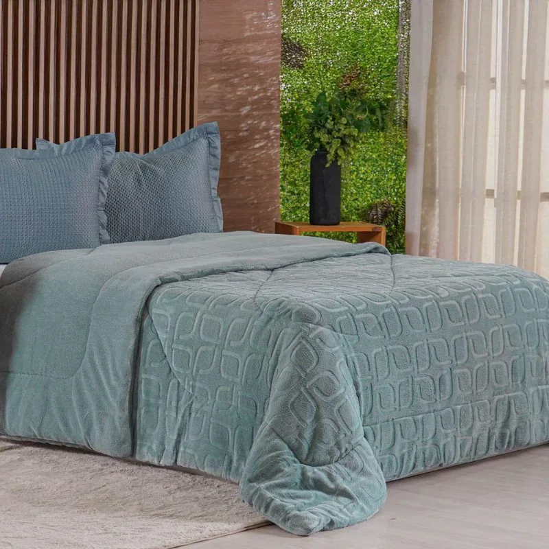 Edredom King Plush Sense 100% Poliéster Dupla Face Azul Mineral Tessi