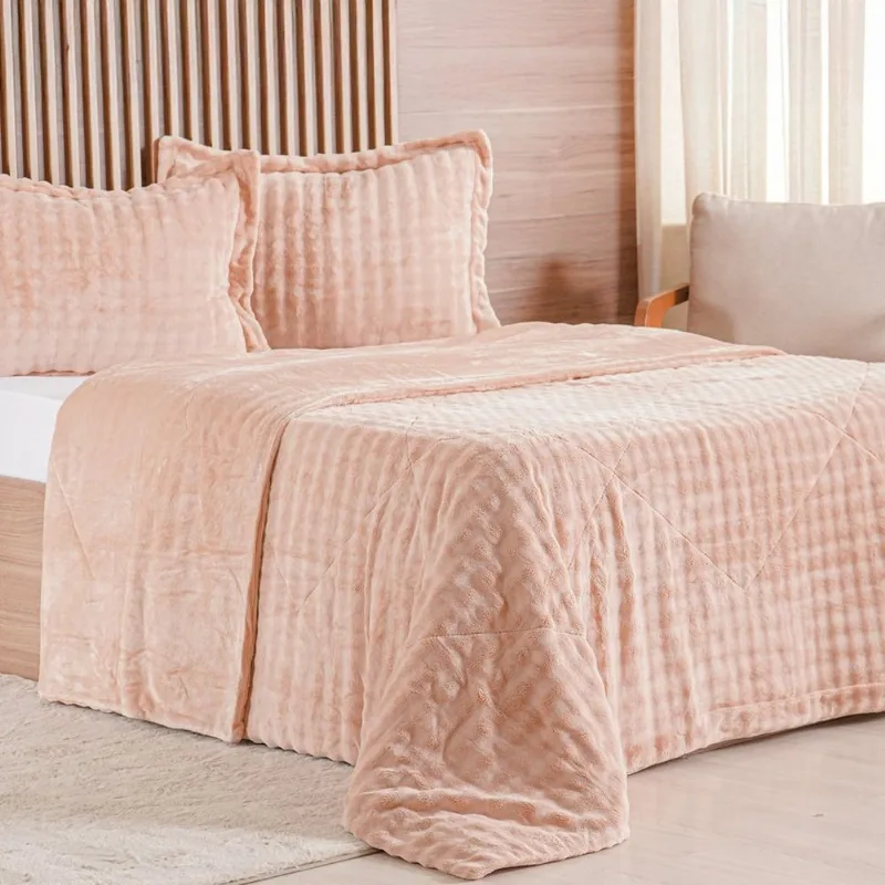 Kit Colcha Casal Luxor Dubble 100% Poliéster 220x240cm Tessi Rosa Areia