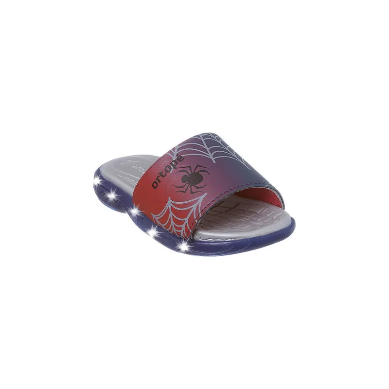 Chinelo Slide Infantil Masculino Ortopé Energy Light com Led Aranha Azul e Vermelho