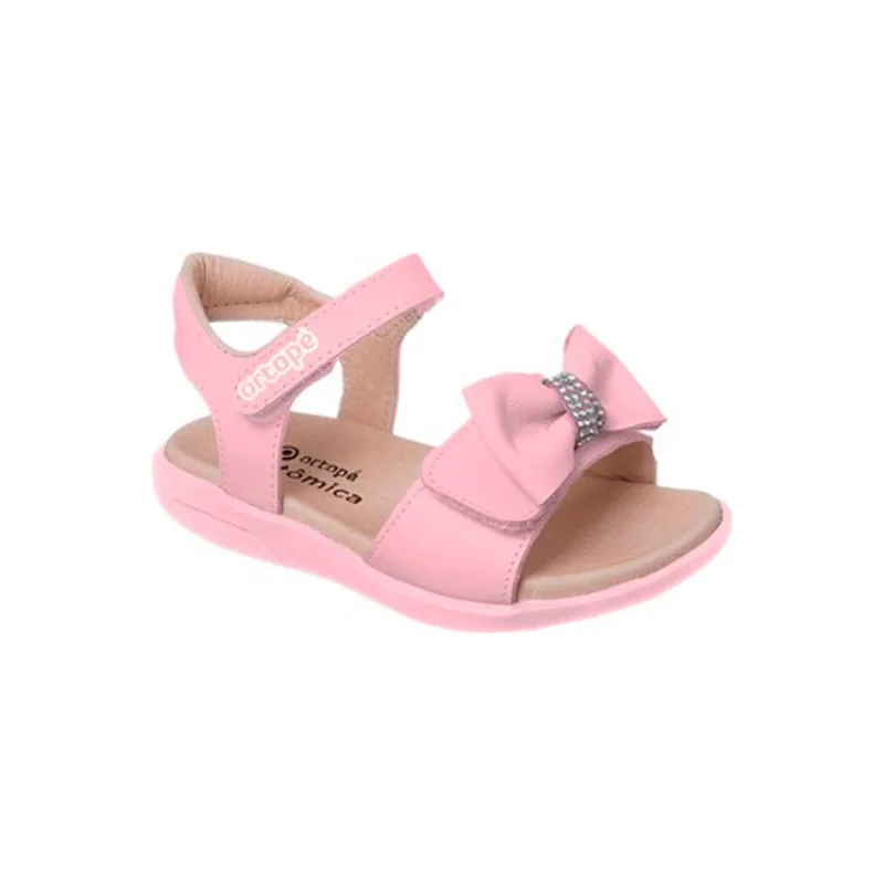 Sandália Infantil Feminina Ortopé Autêntica Couro Laço e Strass Rosa