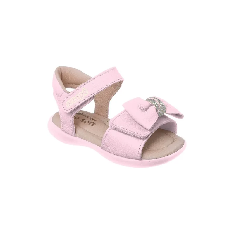 Sandália Infantil Feminina Ortopé Carinhoso Couro Laço Strass Rosa