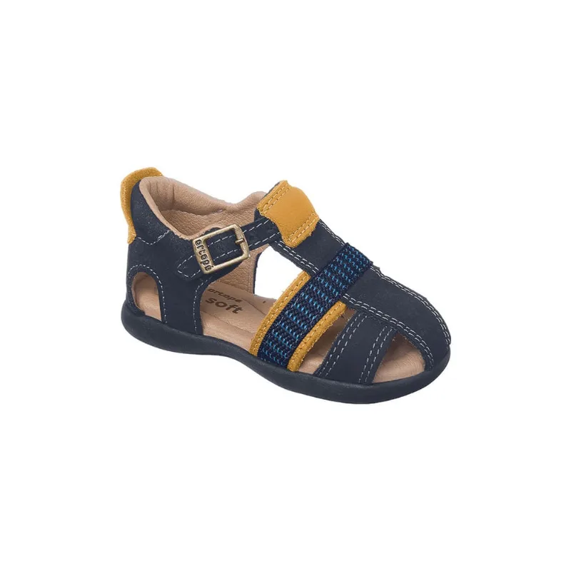Sandália Infantil Masculina Ortopé Carinhoso em Couro Azul Marinho