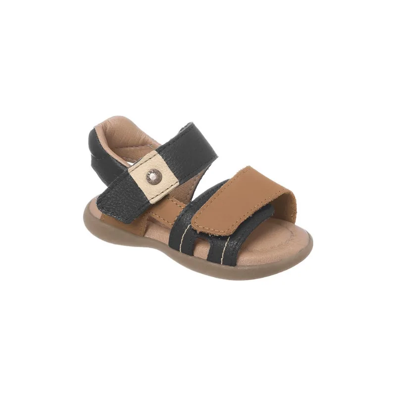 Sandália Infantil Masculina Ortopé Carinhoso Couro Fecho Duplo Preta e Caramelo