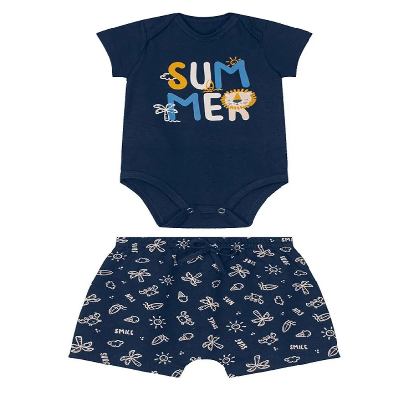 Body Cotton + Bermuda Saruel Moletinho - Brandili - Azul - M - Brandili