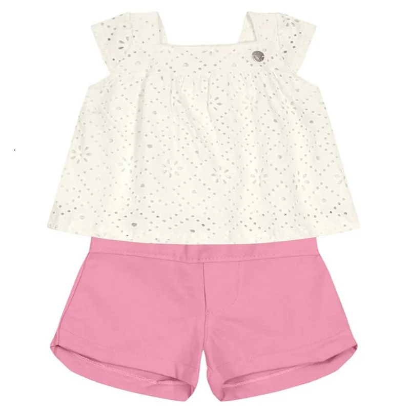 Conjuto de Blusa e Shorts Baby Conjunto - Blusa creme e Shorts Rosa Natural - Tam G - Brandili