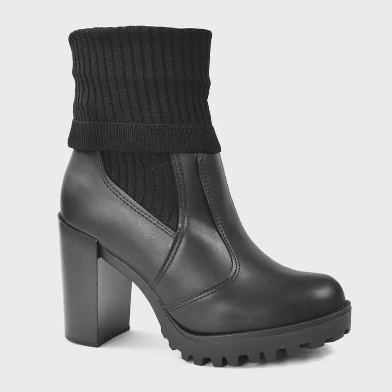 Bota Moleca Salto Bloco Alto Knit Feminina Preta
