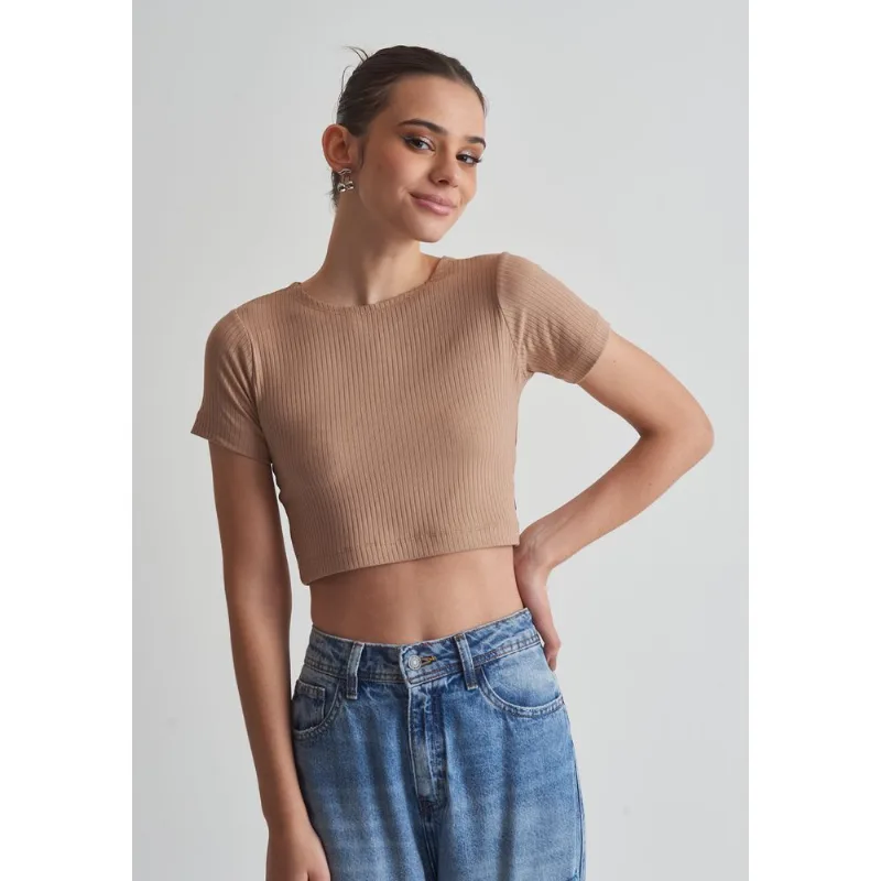 Blusa malha canelada feminino cropped Natural Bege G