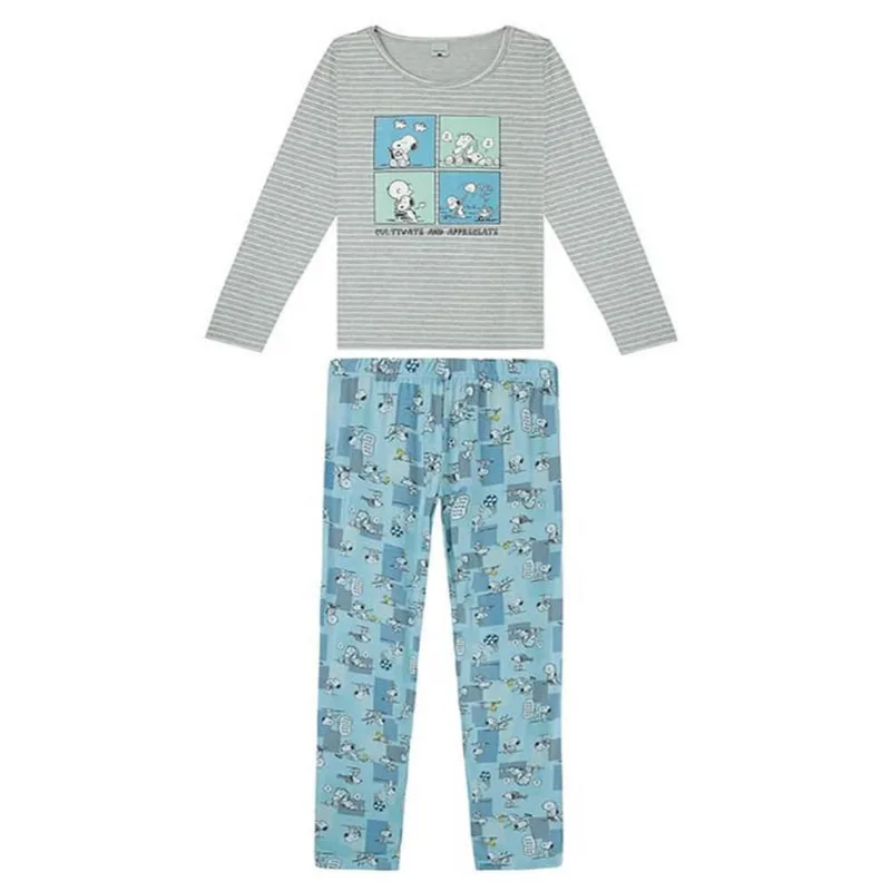 Pijama Longo Algodão Snoopy Malwee 1000093224 Cinza