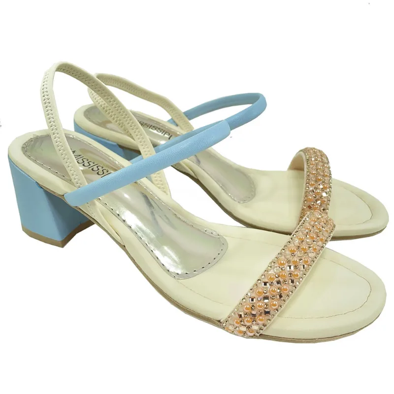 Sandália Mississipi Jolie Salto Bloco Strass - Branco e Azul