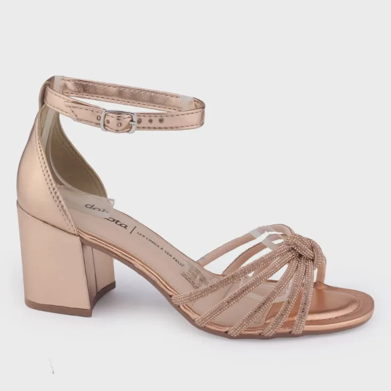 Sandália fem Dakota Y0691 salto bloco rosê gold strass tiras