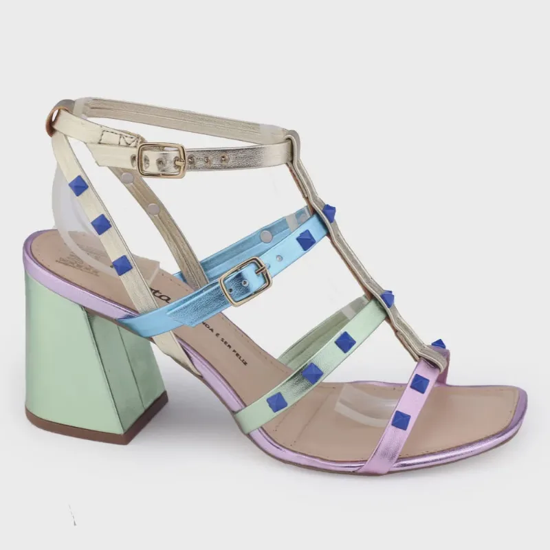 Sandália fem Dakota Y0513 bloco geométrico metalizada spike