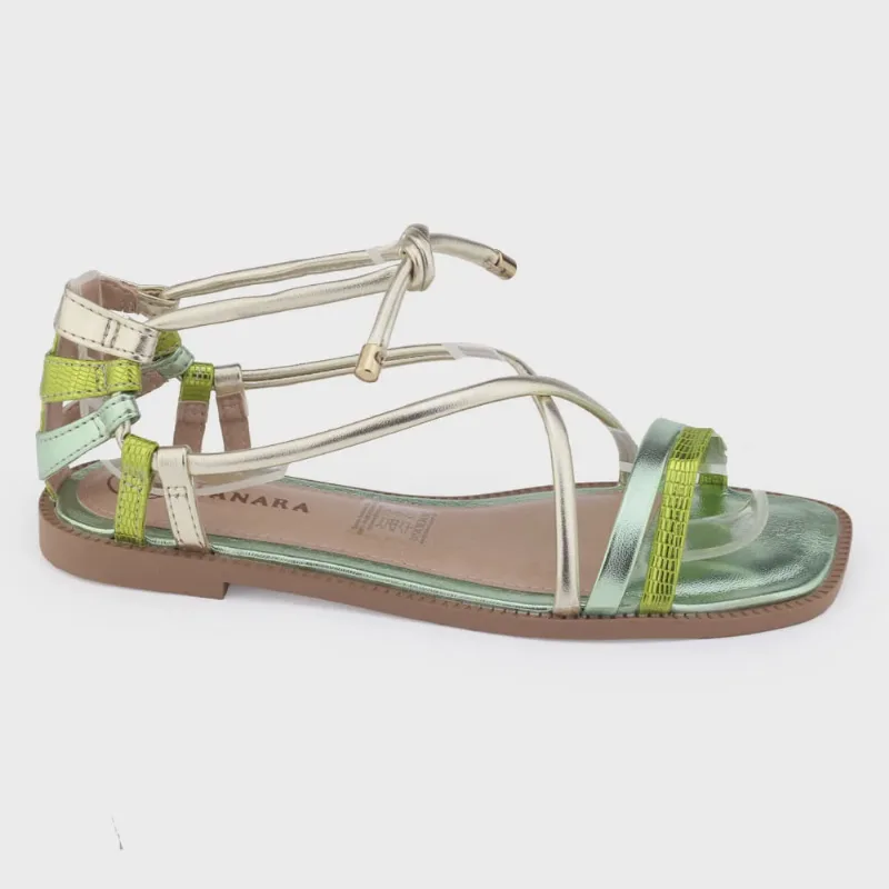Sandália Tanara T7281 rasteira aranha metalizada amarração