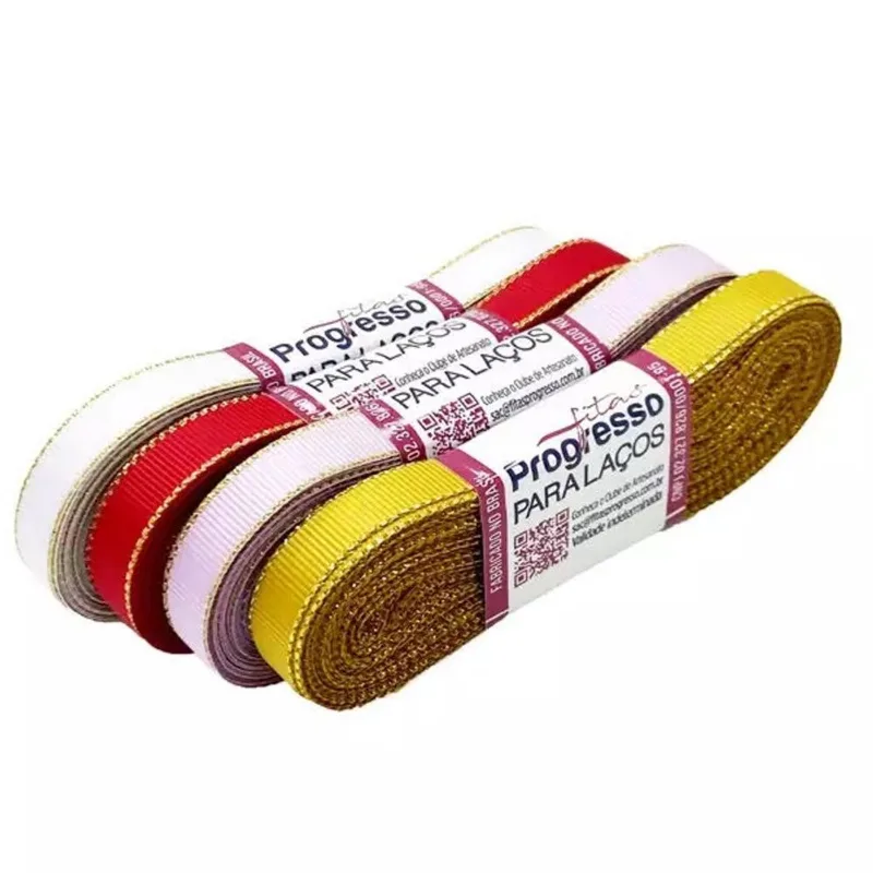 Fita Gorgurão Ouro com Borda Dourada 228 10mm 10 metros Progresso