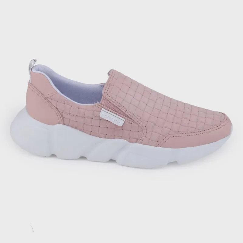 Tênis SlipOn Casual Bottero 341701 Couro Camurça Tresse Rosa
