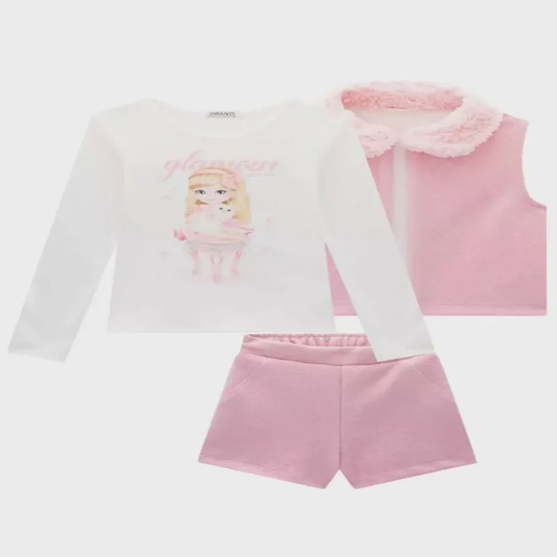 Infanti Conjunto Blusa manga longa Colete e Short Rosa