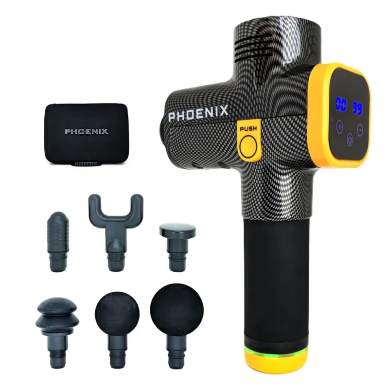 Pistola Massageadora Profissional Phoenix A2 Carbon Fibre 20 Velocidades e 6 Ponteiras Alivio e Relaxamento de Dor Estresse Alongamento Esporte spa Ac - Não Disponível
