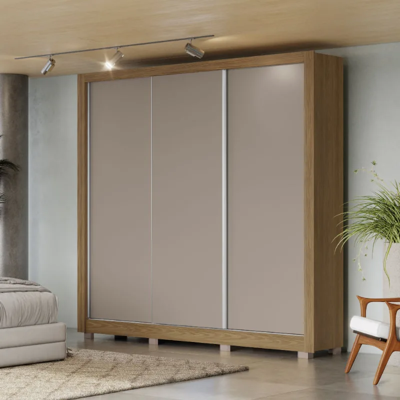 Guarda Roupa com 3 Portas de Correr e 2 Gavetas e Pés - Nogueira/Fendi