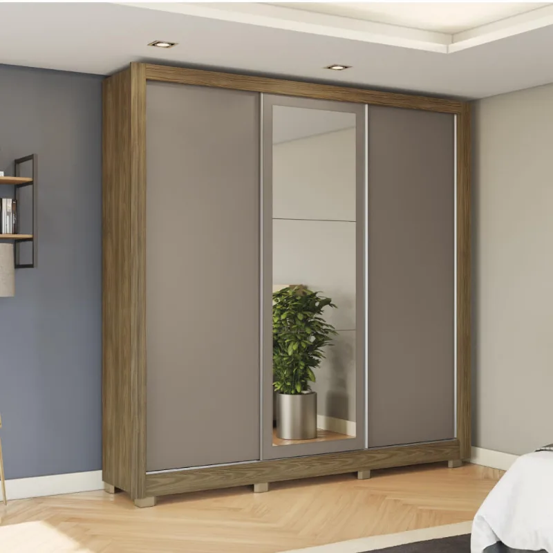 Guarda Roupa com 3 Portas de Correr e 2 Gavetas e Espelho - Nogueira/Fendi