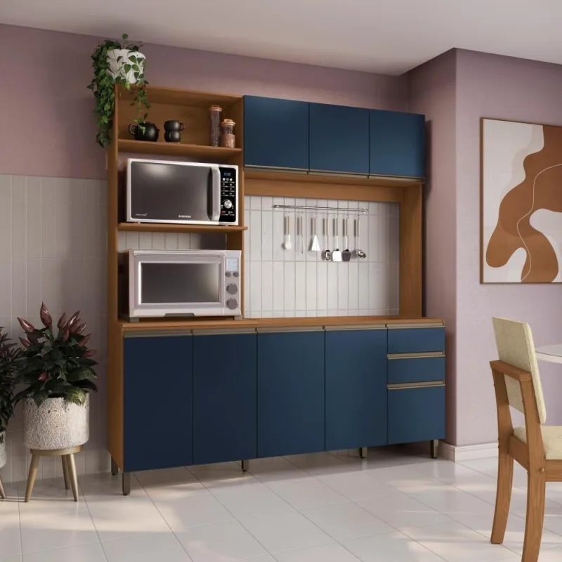 Cozinha Compacta Luna 7 Portas 3 Gavetas MDP 192,5CM Canela e Azul Profundo Kappesberg - kappesberg - Agro