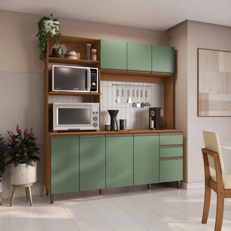 Cozinha Compacta Luna CB1255 7 Portas 3 Gavetas MDP 192,5CM Canela Verde Oliva Kappesberg - kappesberg - Agro