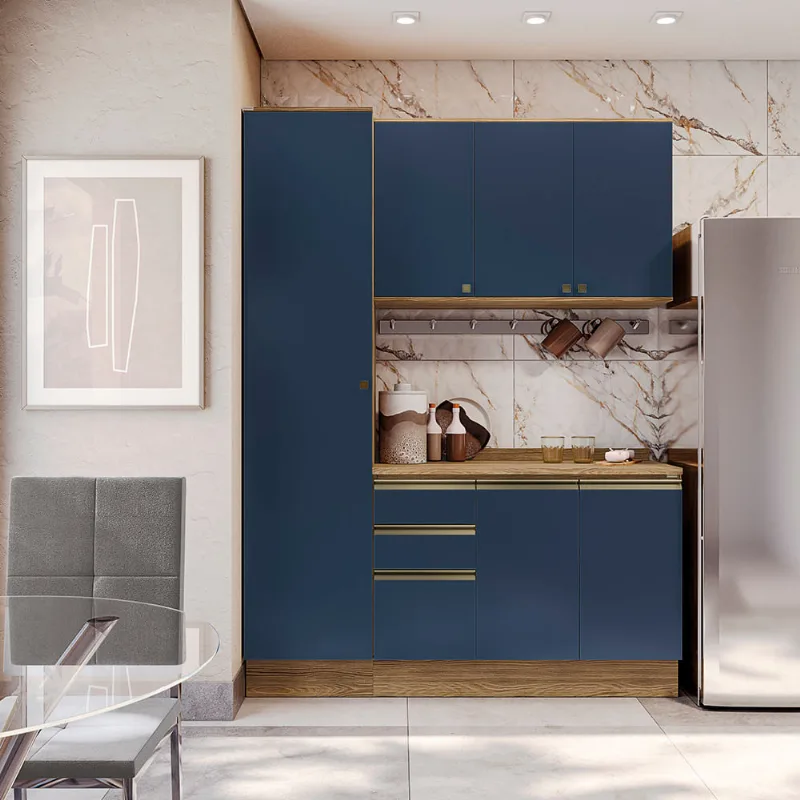 Armário de Cozinha Compacta 100% MDF 170cm Nogueira/Azul Profundo Celeste Kappesberg