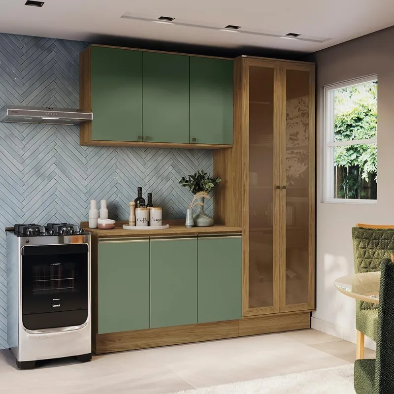Armário De Cozinha Compacta 100% Mdf 192cm Nogueira/verde Celeste Kappesberg