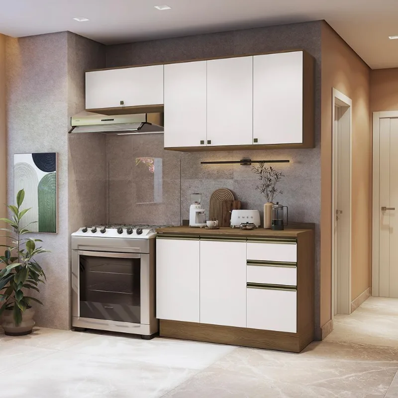 Armário De Cozinha Compacta 3 Gavetas 100% Mdf 200cm Nogueira/branco Celeste Kappesberg