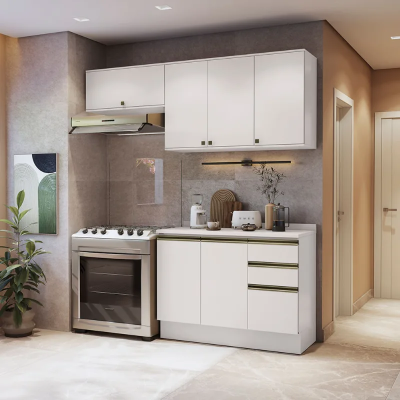 Armário de Cozinha Compacta 3 Gavetas 100% MDF 200cm Branco Celeste Kappesberg