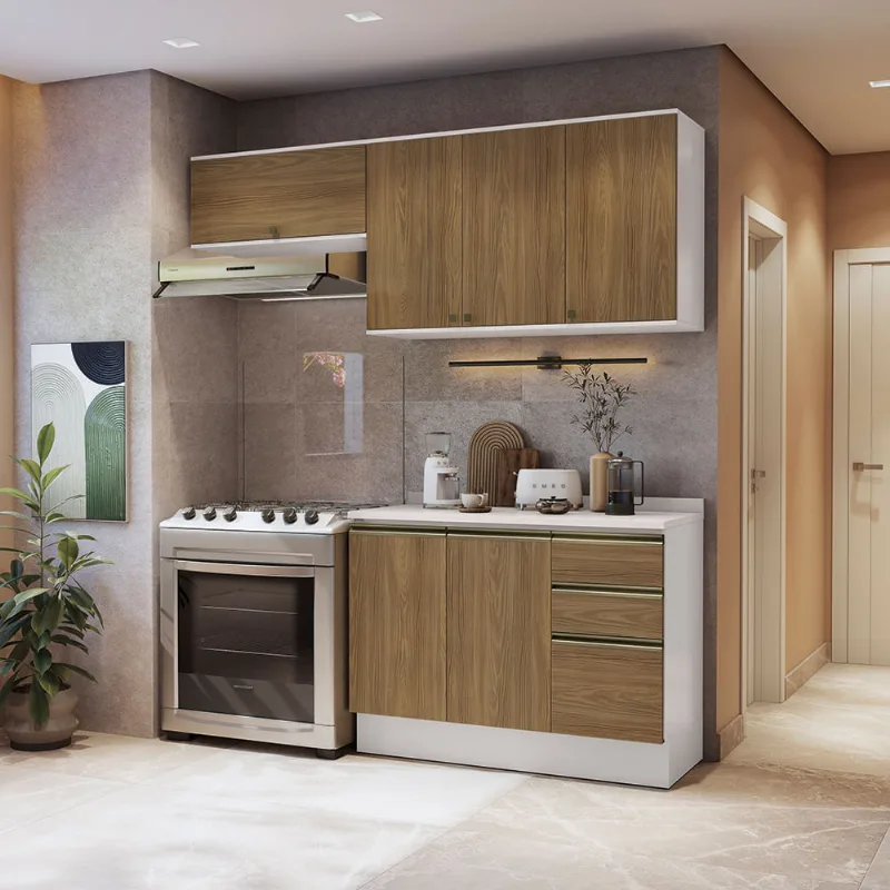 Armário de Cozinha Compacta 3 Gavetas 100% MDF 200cm Branco/Nogueira Celeste Kappesberg