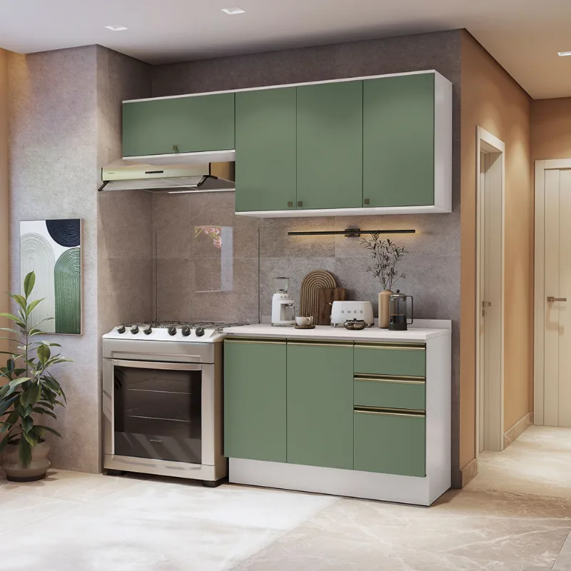 Armário de Cozinha Compacta 3 Gavetas 100% MDF 200cm Branco/Verde Celeste Kappesberg