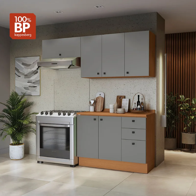 Armário de Cozinha Compacta 3 Gavetas 200cm Tapajós/Cinza Sagrado Pixel Kappesberg