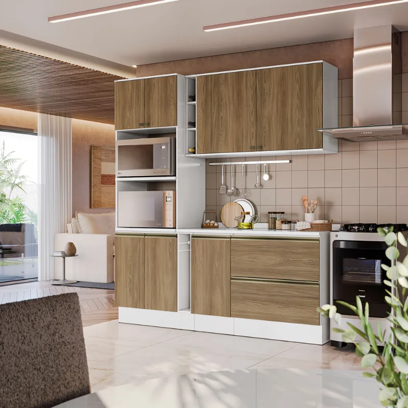 Armário de Cozinha Compacta 100% MDF 205cm Branco/Nogueira Celeste Kappesberg