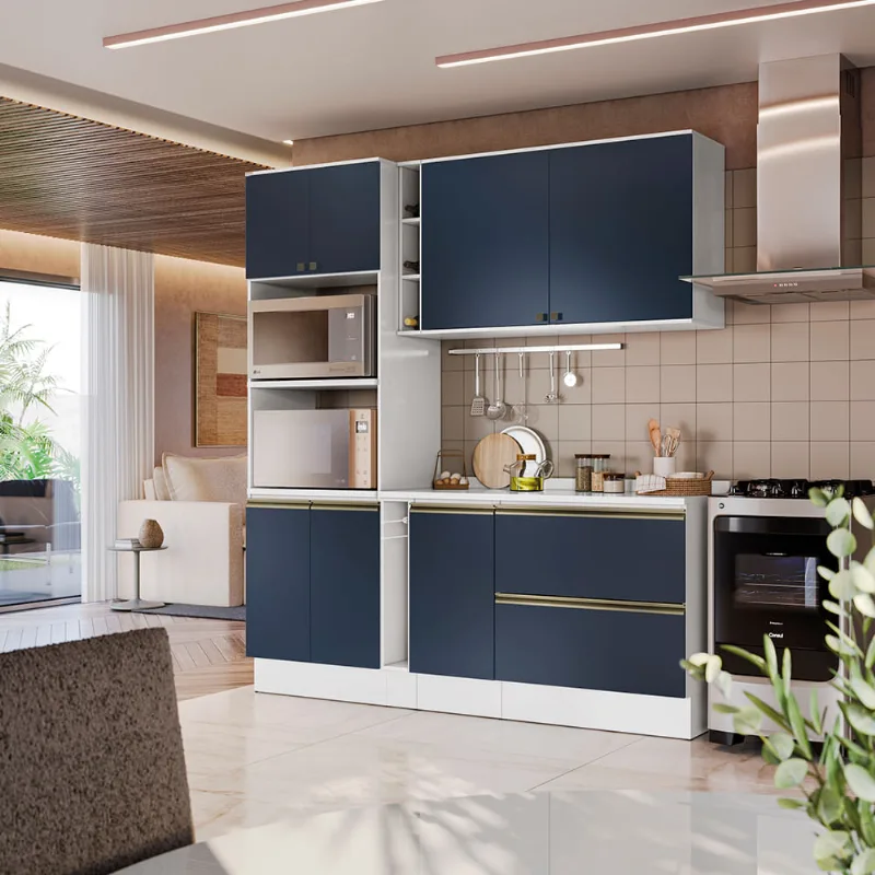 Armário de Cozinha Compacta 100% MDF 205cm Branco/Azul Profundo Celeste Kappesberg