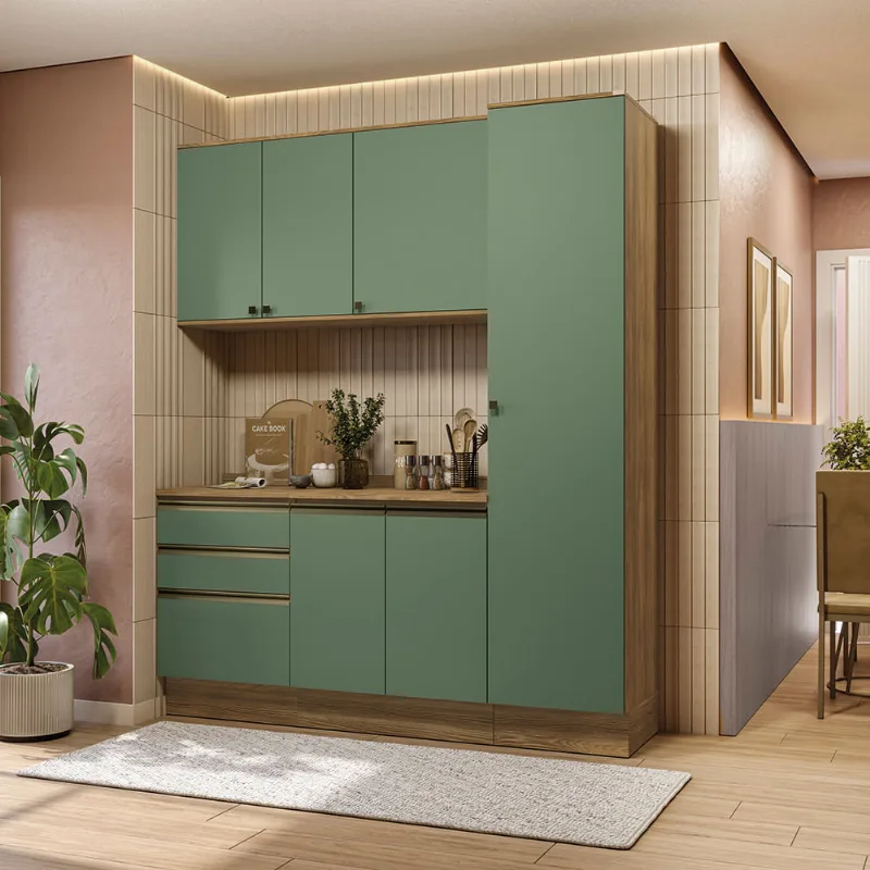 Armário de Cozinha Compacta 100% MDF 190cm Nogueira/Verde Celeste Kappesberg
