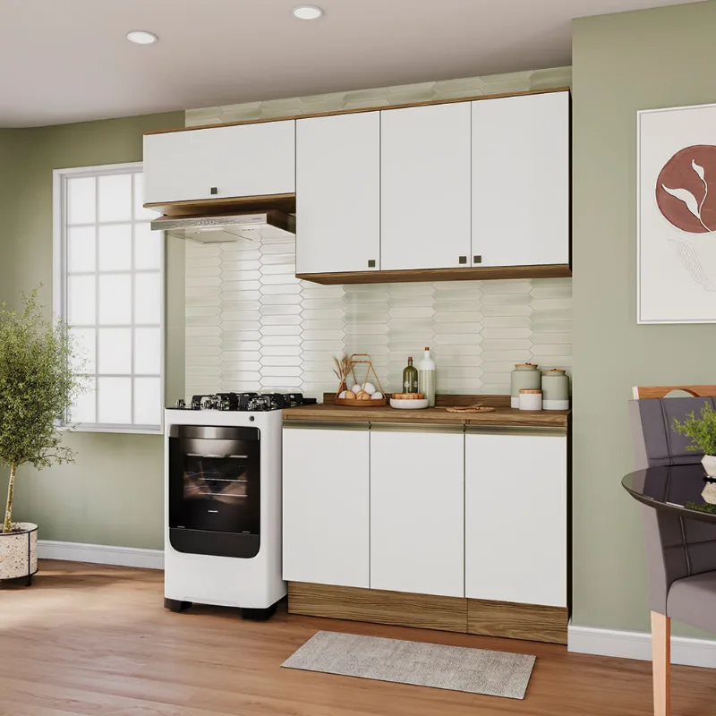 Armário de Cozinha Compacta 100% MDF 200cm Nogueira/Branco Celeste Kappesberg
