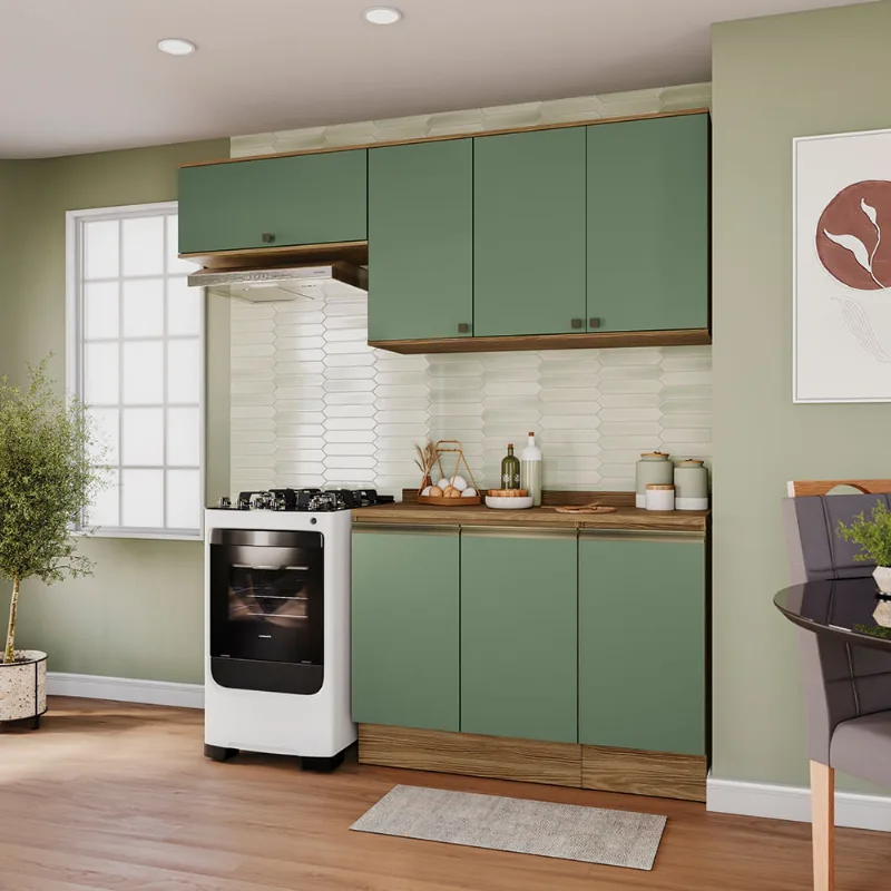 Armário de Cozinha Compacta 100% MDF 200cm Nogueira/Verde Celeste Kappesberg