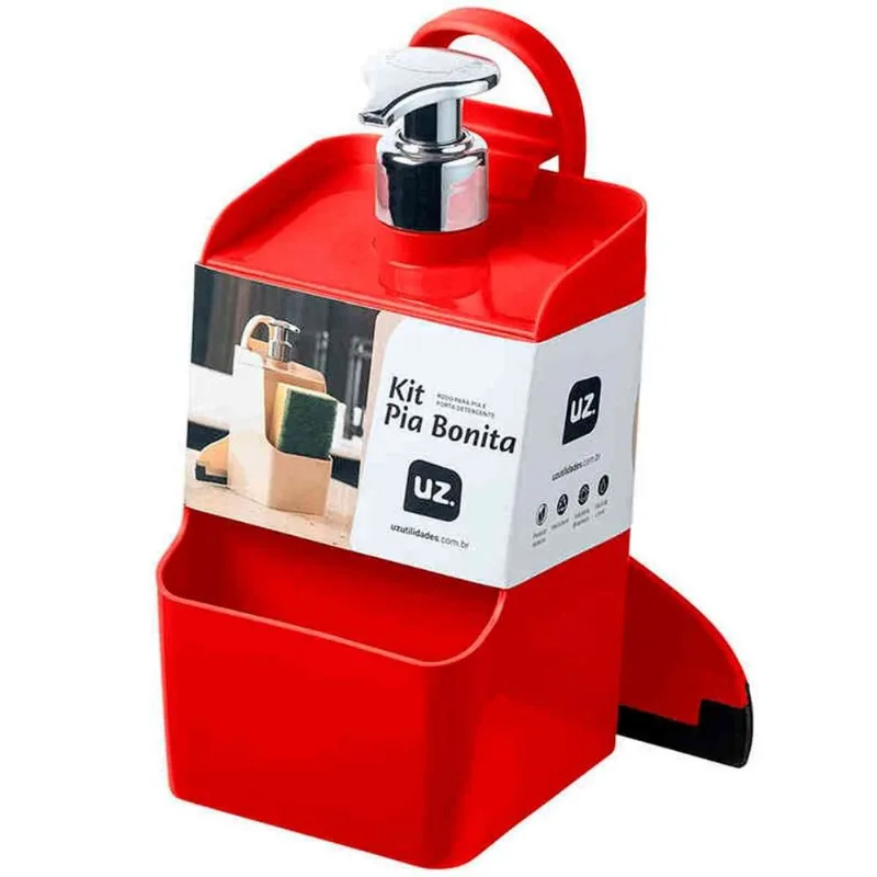 Kit para Pia Uz Slim Dispenser para Detergente e Rodinho Vermelho UZ1934-VM