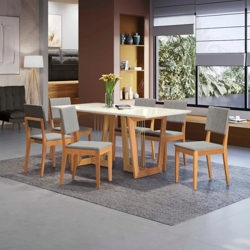 Conjunto Sala De Jantar Dora Em Madeira Maciça 6 Cadeiras Boucle Cinza - Kappesberg