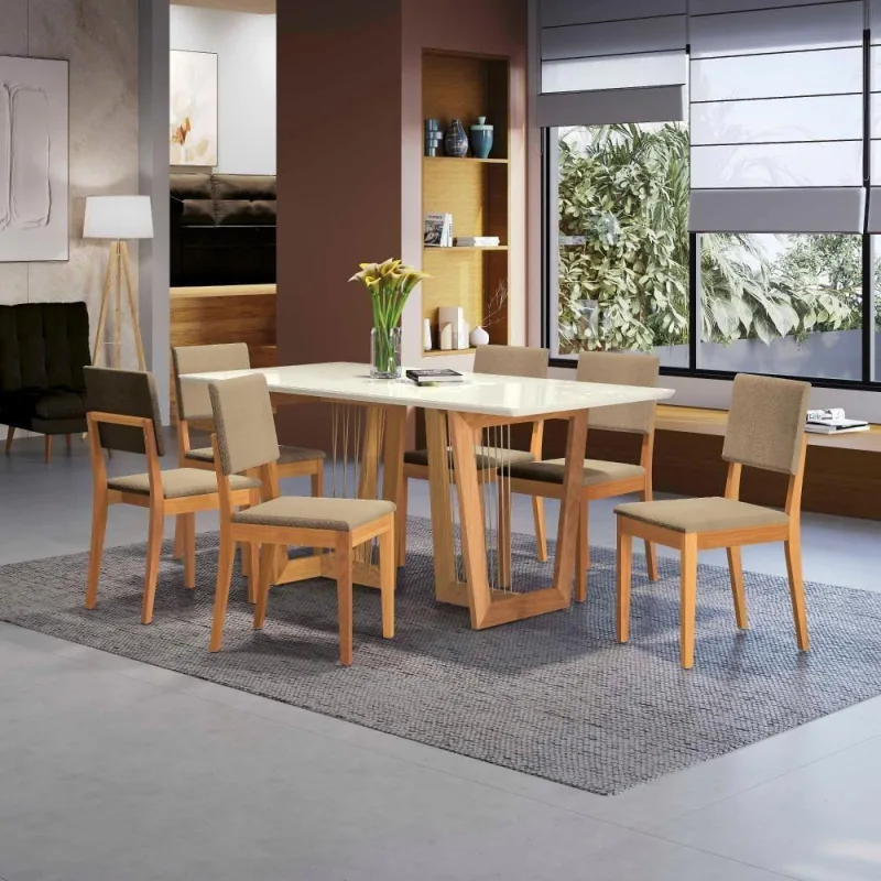 Conjunto Sala De Jantar Dora Em Madeira Maciça 6 Cadeiras Boucle Bege - Kappesberg