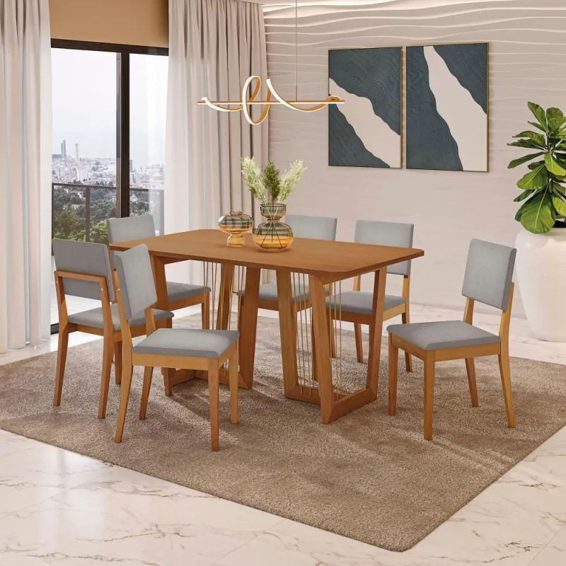Conjunto Sala De Jantar Dora Em Madeira Maciça 6 Cadeiras Boucle Cinza - Kappesberg - Móveis