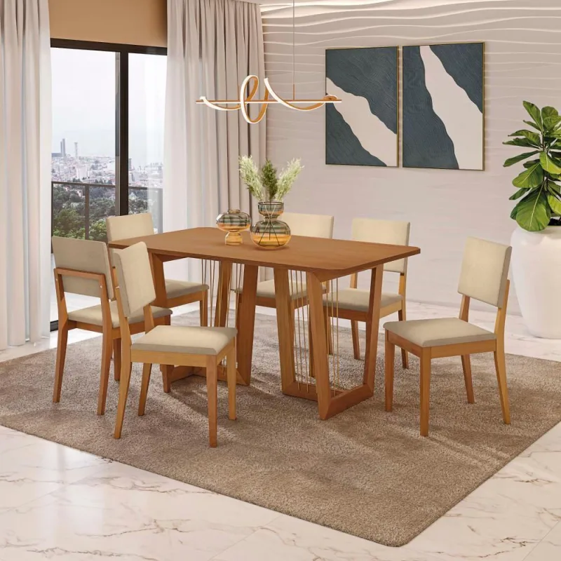 Conjunto Sala De Jantar Dora Em Madeira Maciça 6 Cadeiras Boucle Bege - Kappesberg