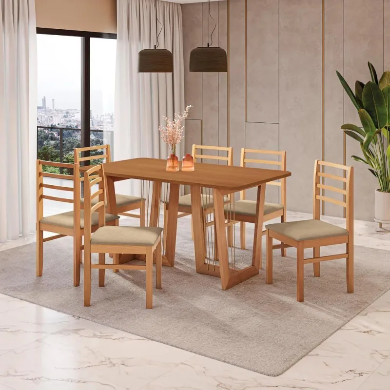 Conjunto Sala De Jantar Elisa Em Madeira Maciça 6 Cadeiras Boucle Bege - Kappesberg - Móveis